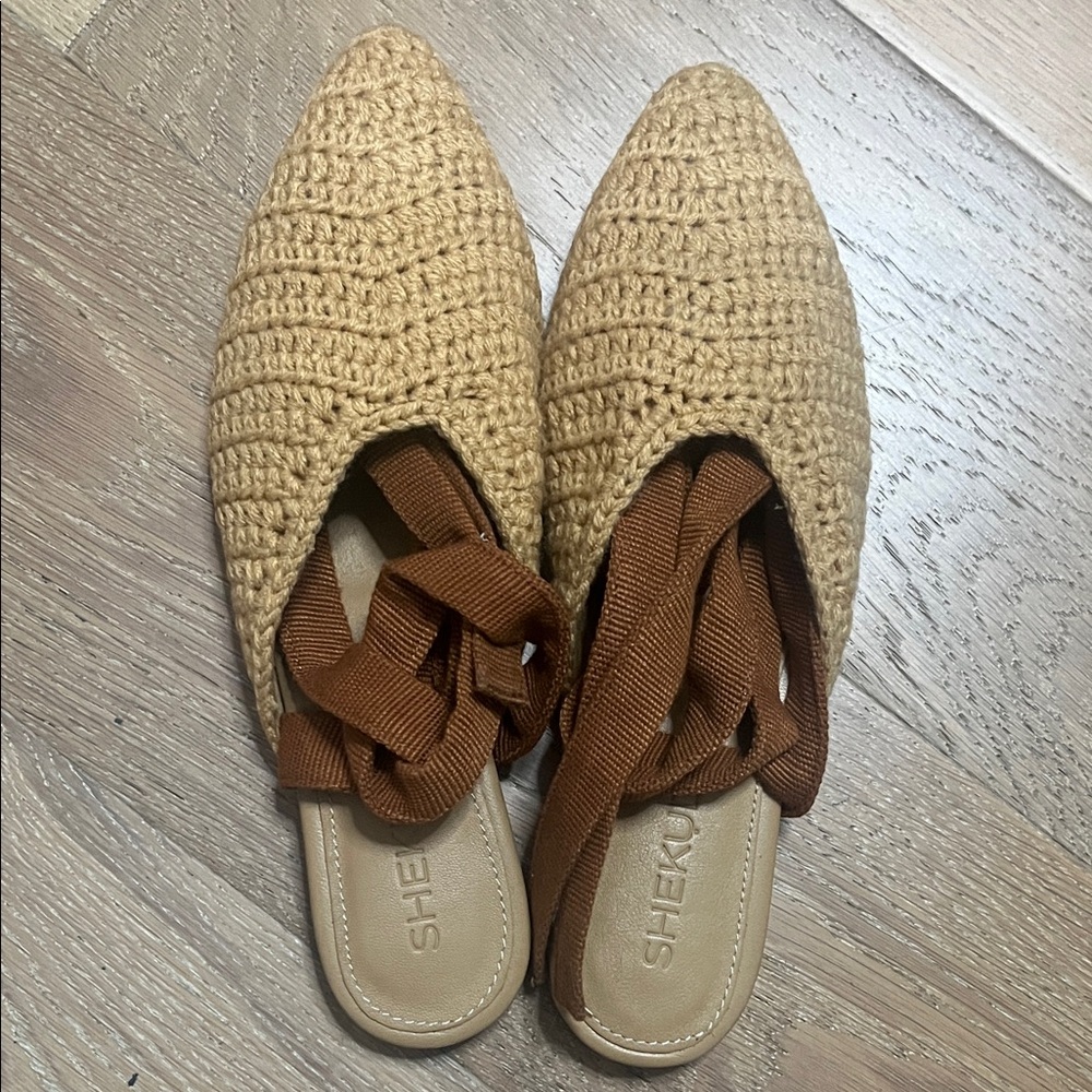 🎅🏽SHEKUDO NEW Tan Crochet Espadrille Flats Size 39